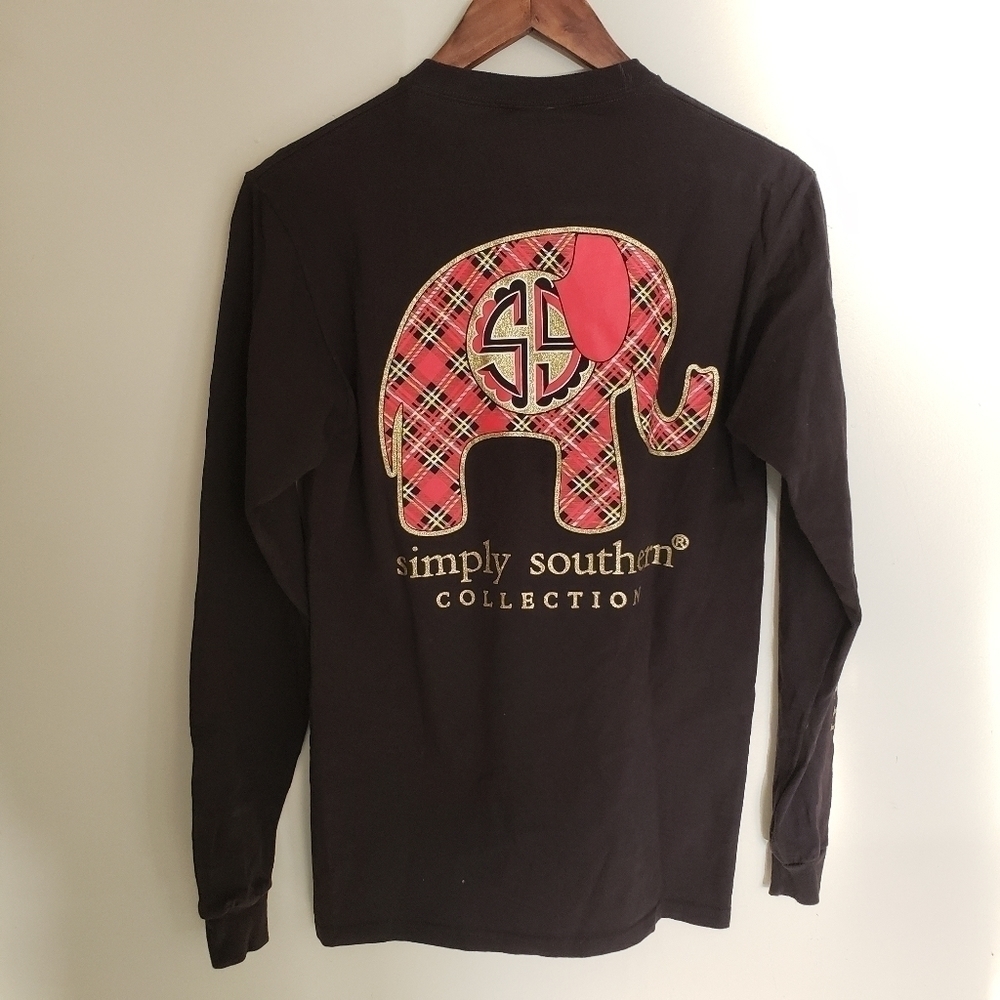 Simply Southern Long Sleeve Tee Black Red Plaid Elephant Graphic Size Small NWOT